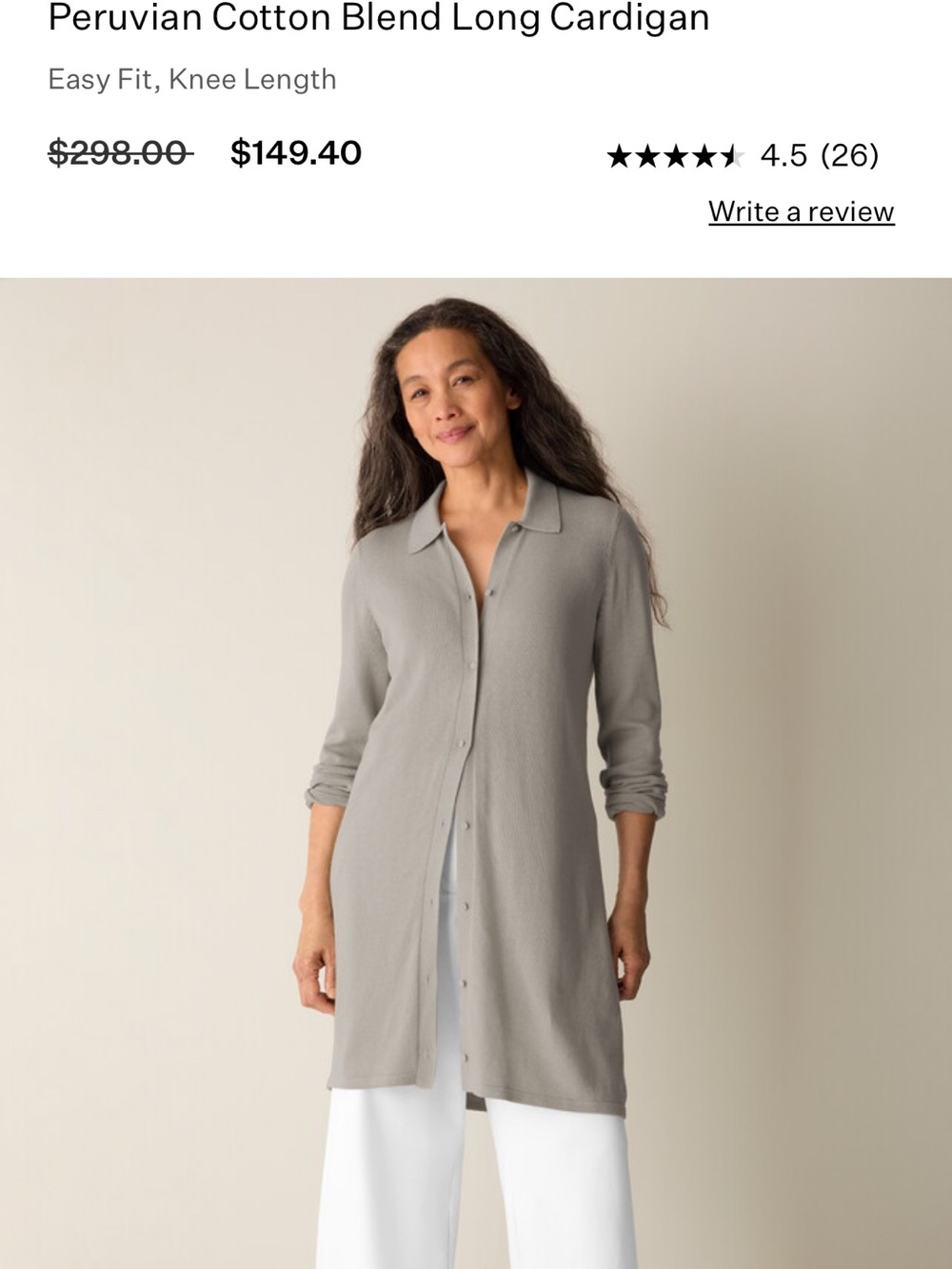 Eileen Fisher Light Gray Peruvian Cotton-Blend Long Cardigan